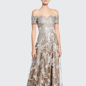 Rene Ruiz Off the Shoulder Sweetheart Metallic Lace Gown
